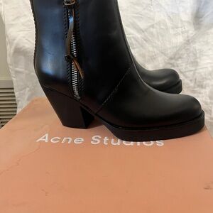 Acne Black Leather Zip-Front Block Heel Ankle Boots